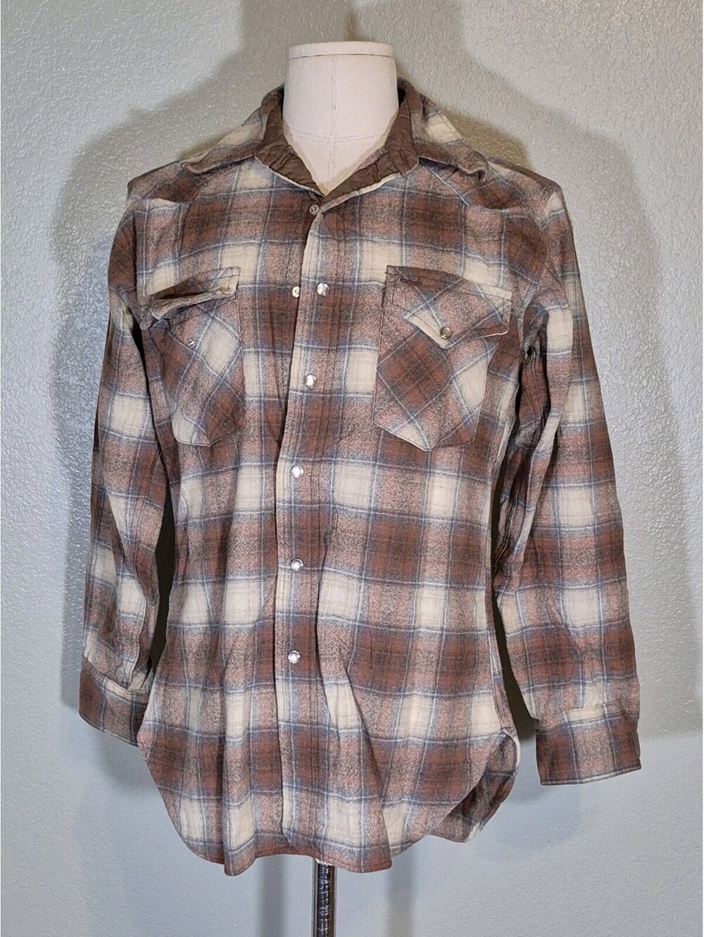 Vtg Pendleton Western Wear Pearl Snap 60s Plad Virgin Wool Brown Shirt Men's M